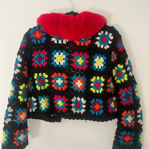 Alice + Olivia Vibrant Red and Multicolor Crochet Jacket